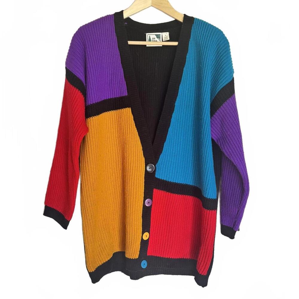 Vtg Women's Grandmacore‎ Cottagecore Cardigan Sweater Colorblock Artsy Size M